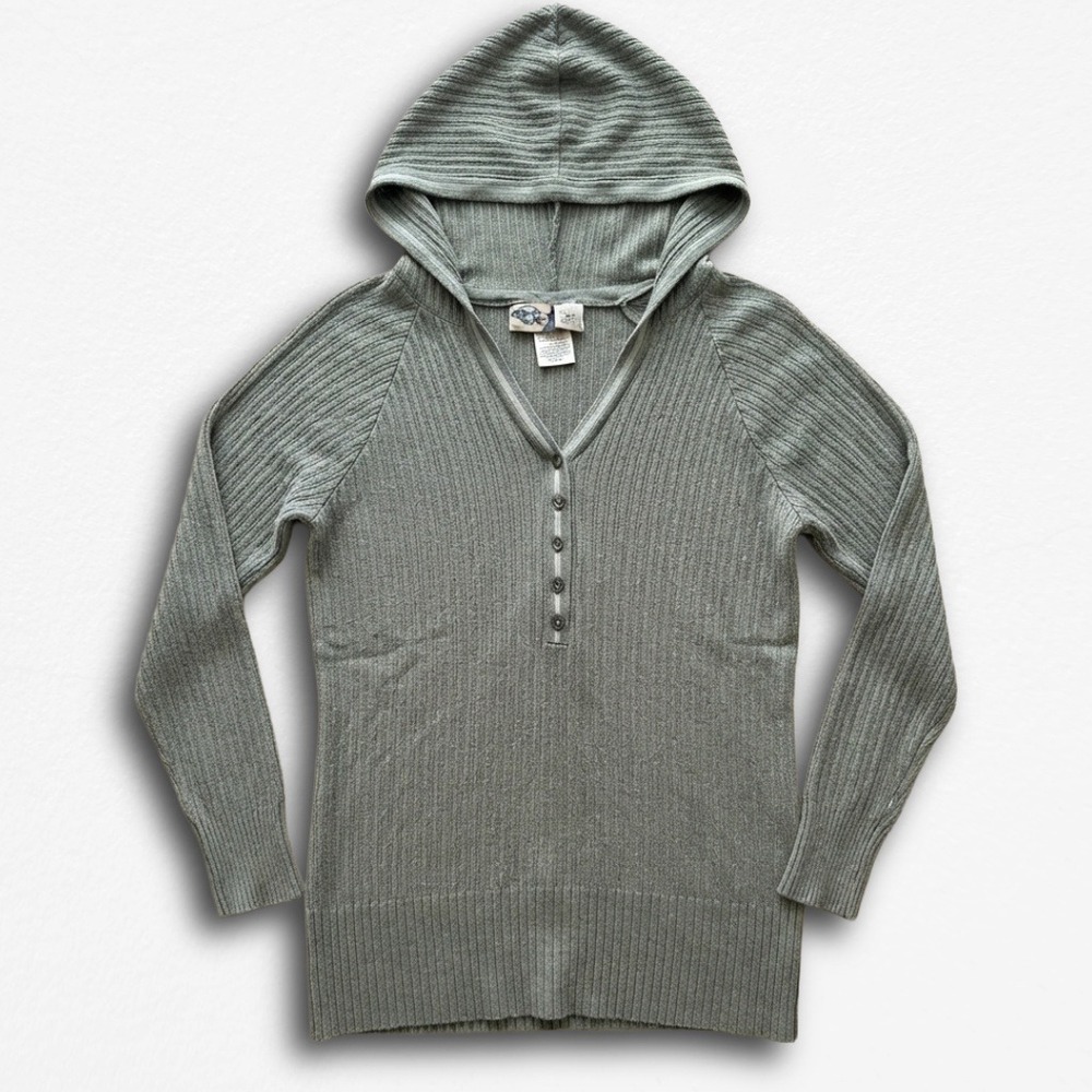 Shaver Lake Casuals Ribbed Knit‎ Henley Hoodie Sage Green Grey Medium Ramie